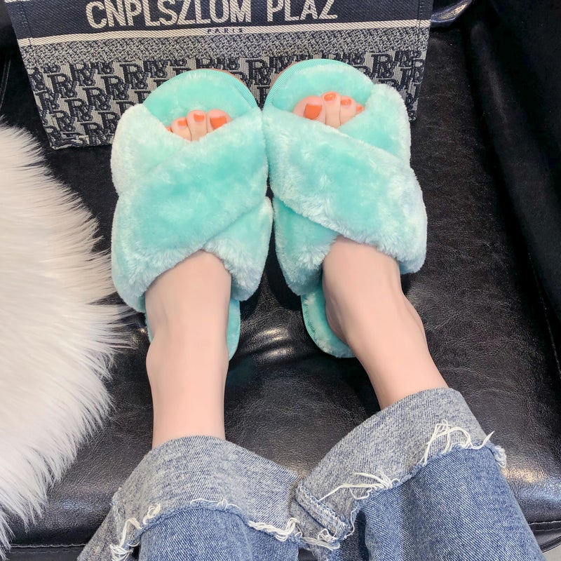 Crazy Lady Women's Fuzzy Fluffy House Slippers Cute Plush Memory Foam Shoes Cross Band Indoor Outdoor Open Toe Sandals(06/Mint, 10-10.5) - Image 2
